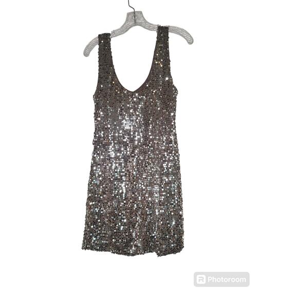 Love Reign Mini Tank Dress Silver Sequin Brown XL Stretch Mob Wife Party Club - Picture 3 of 10